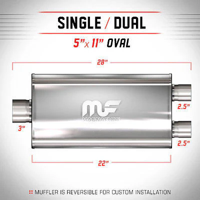 3- 2.5 Dual 5x11 Oval 22 Satin Stainless Universal Exhaust Muffler | MagnaFlow